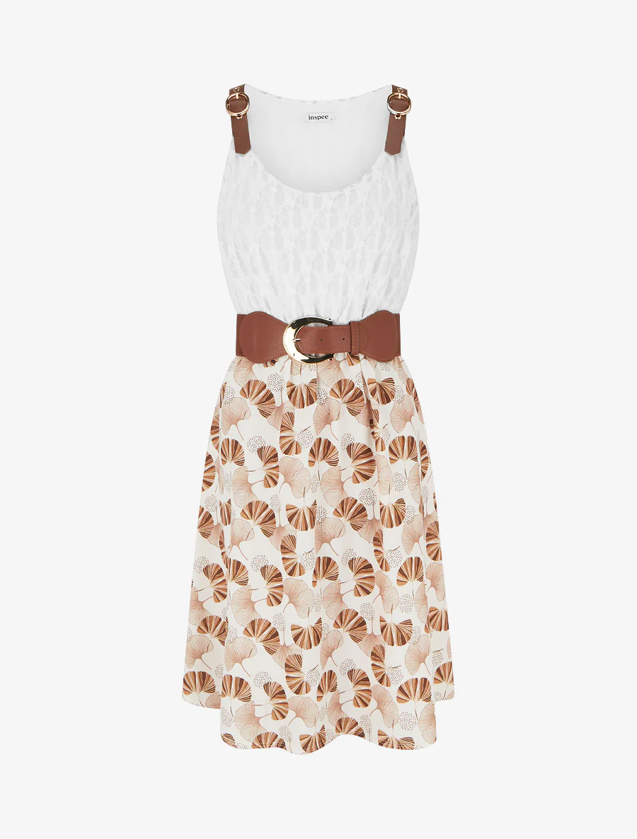Midi-jurk met ginkgo-print en imitatiebandjes. - Bruin
