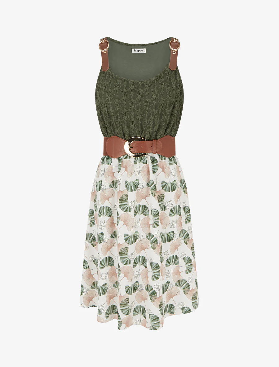 Midi-jurk met ginkgo-print en imitatiebandjes. - Kaki