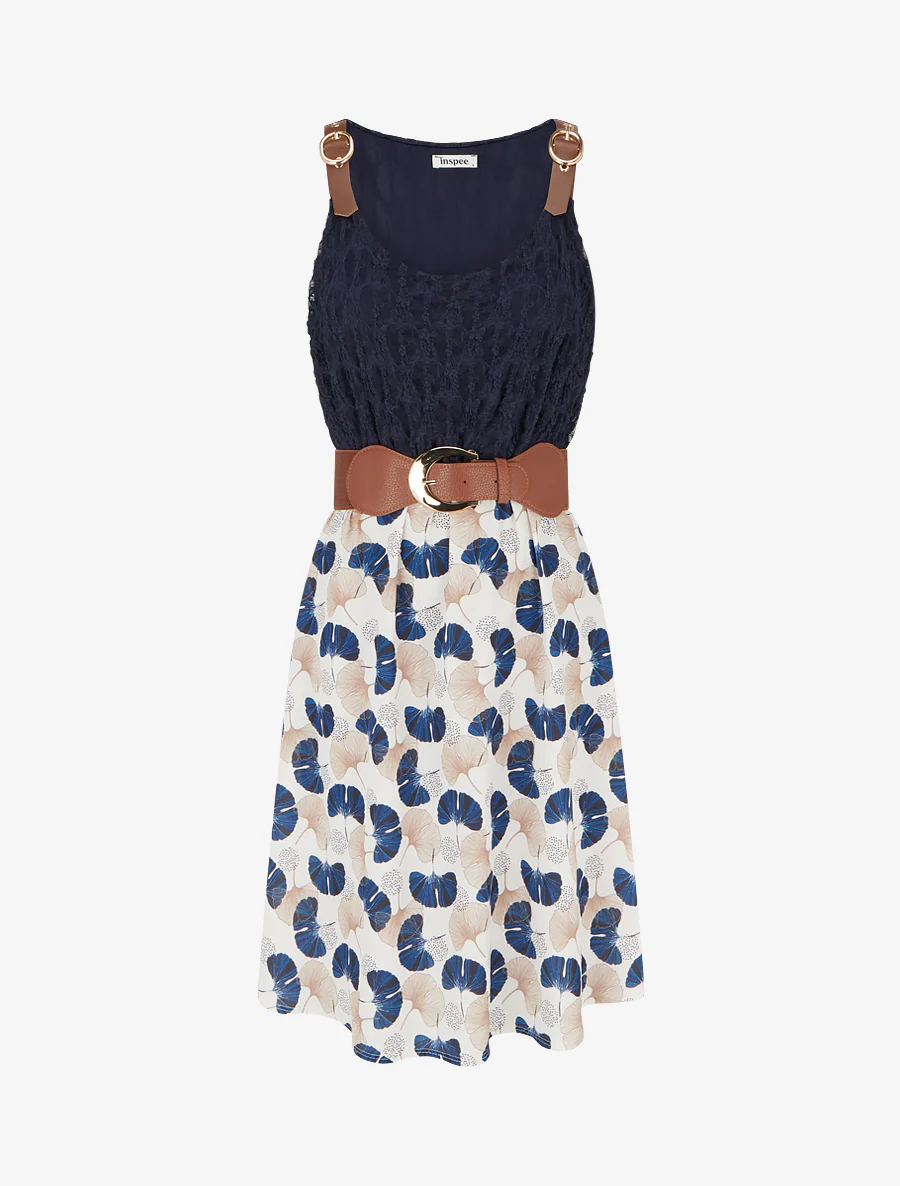 Midi-jurk met ginkgo-print en imitatiebandjes. - Marine