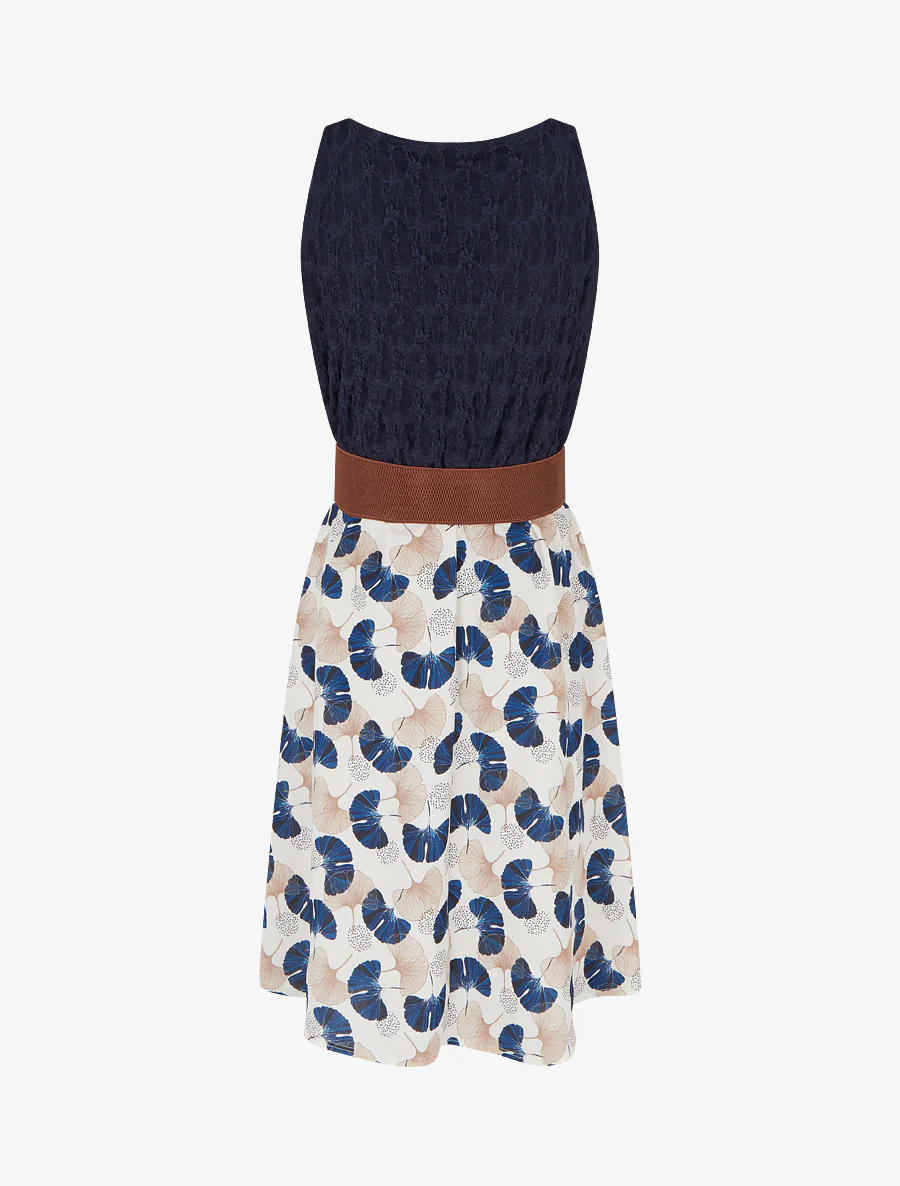 Midi-jurk met ginkgo-print en imitatiebandjes. - Marine - Image 2