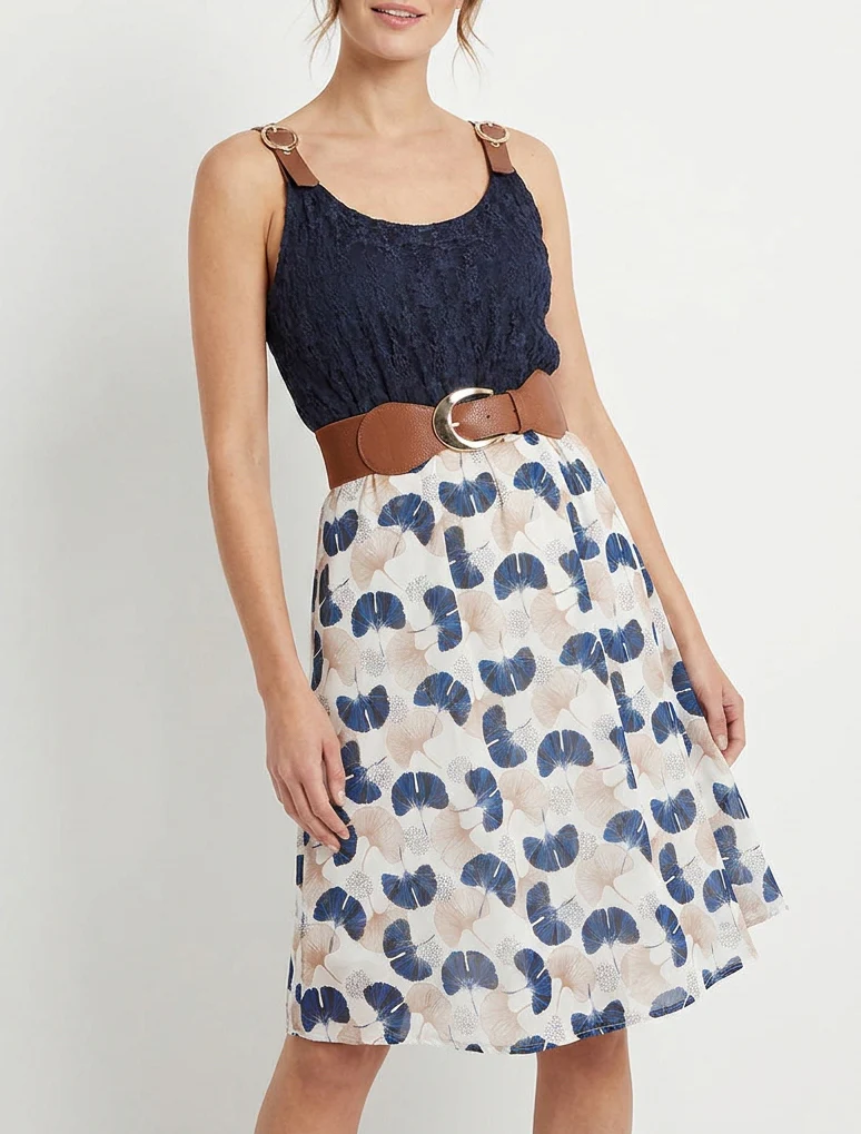 Midi-jurk met ginkgo-print en imitatiebandjes. - Marine - Image 4