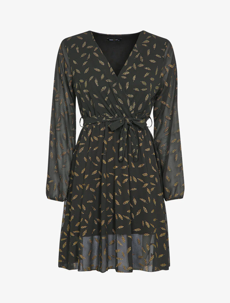 Middellange jurk met iriserende veerdetails - Zwart