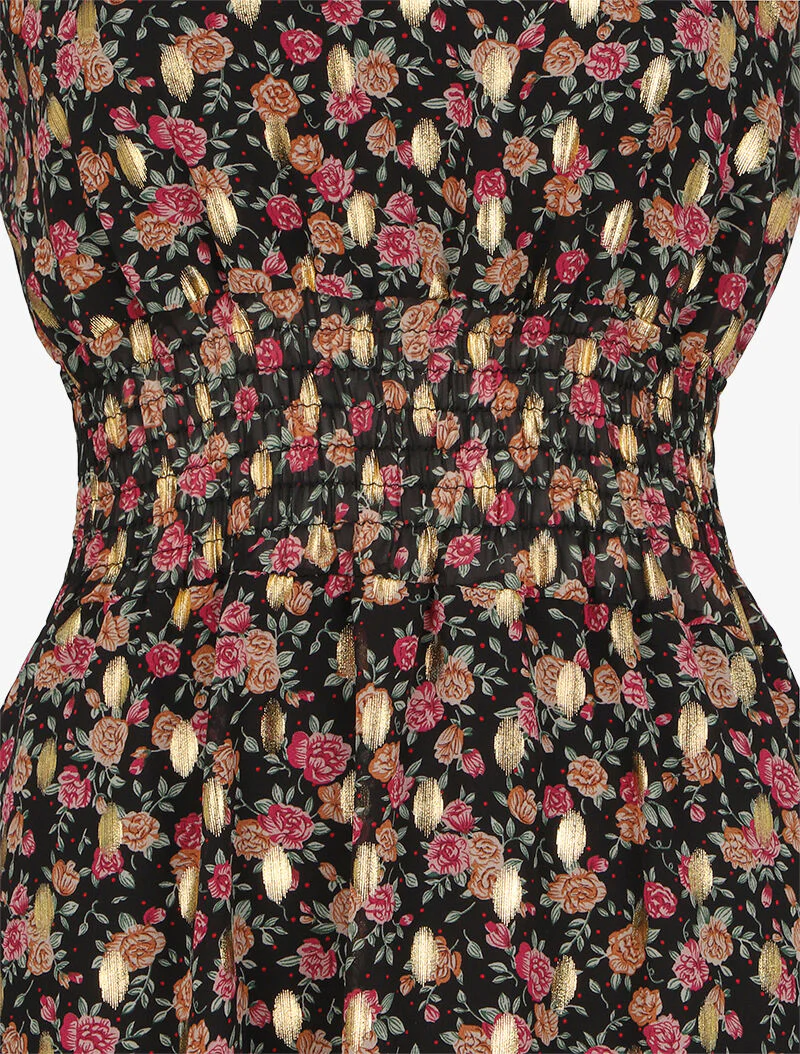 Halflange jurk met lavallièrekraag en bloemenprint - Zwart - Image 3