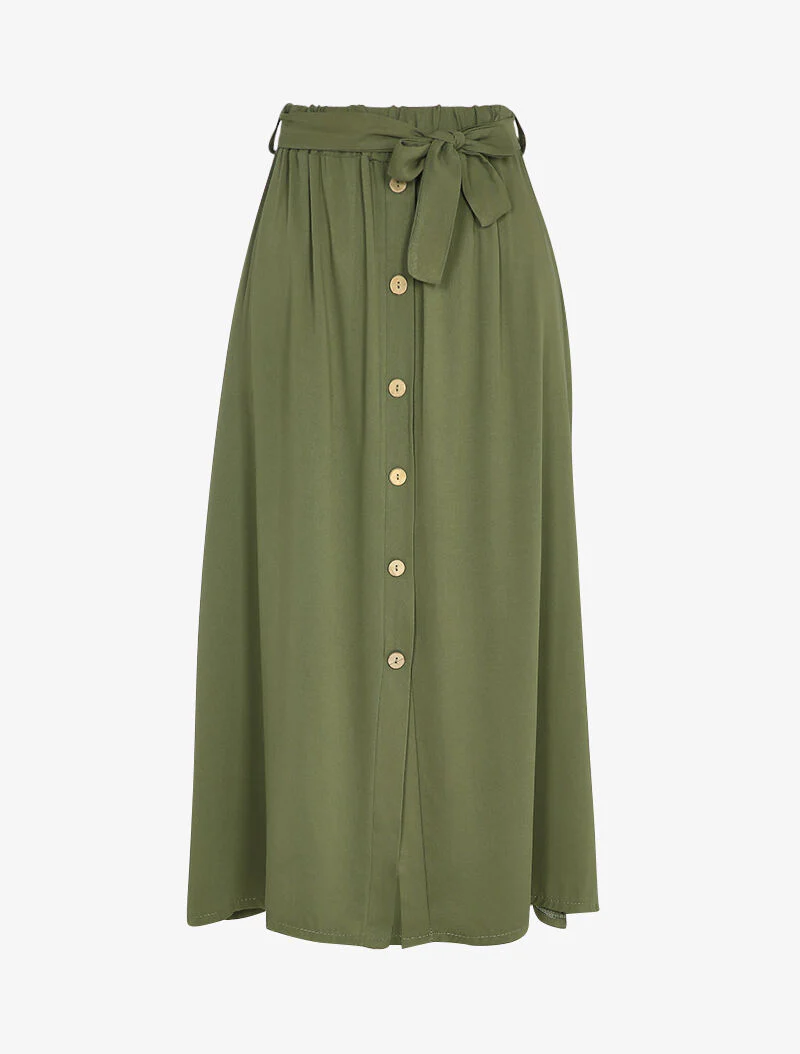 Midi-rok met decoratieve knopen - Kaki