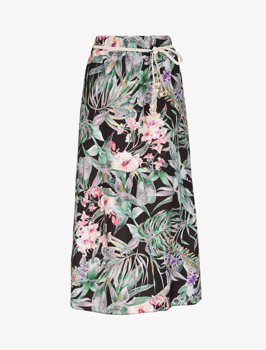 Midi-rok met V-naad met tropische plantenprint - Zwart