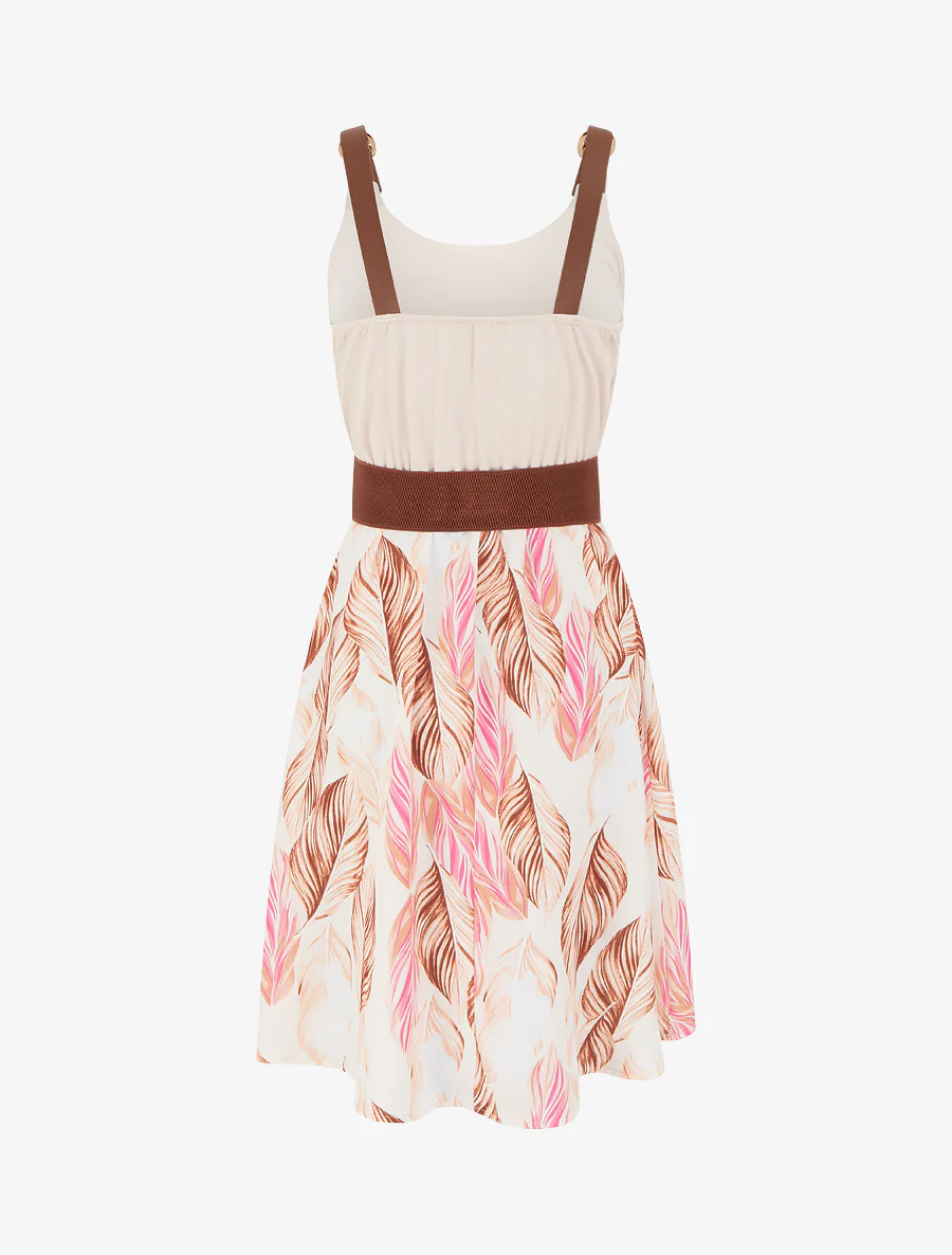 Midlange jurk met bandjes en imitatieprint - Beige - Image 2