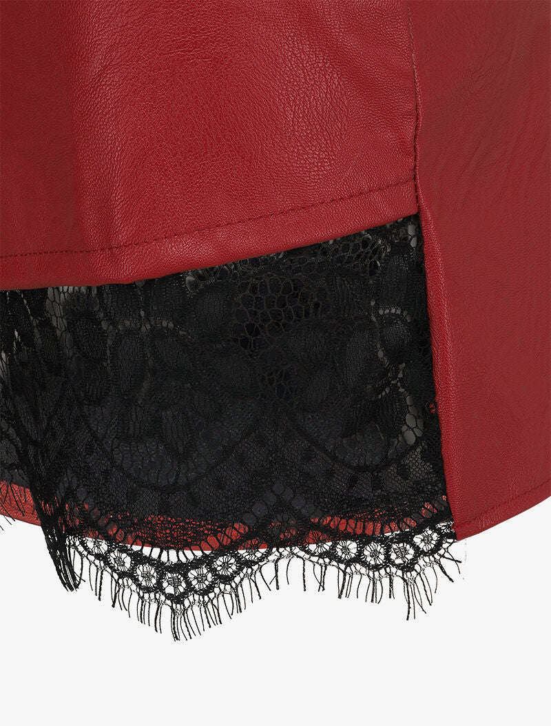 Minirok in imitatieleer met asymmetrische kanten rand - Rood - Image 3