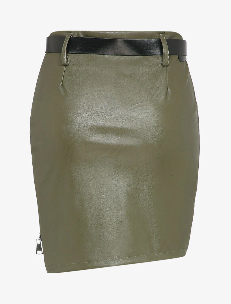 Minirok in imitatieleer met ritssluiting aan de rand - Kaki - Image 2