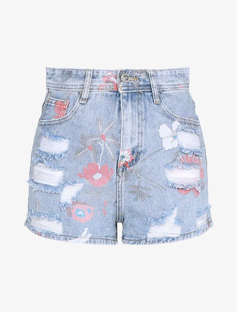 Minikorte gescheurde broek met bloemenprint - lichtblauw