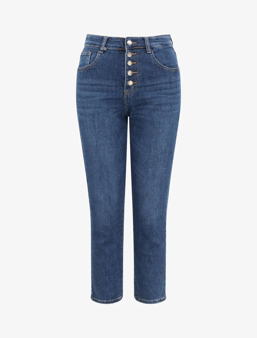 Moeder hoge taille knoopje jeans - Blauw denim