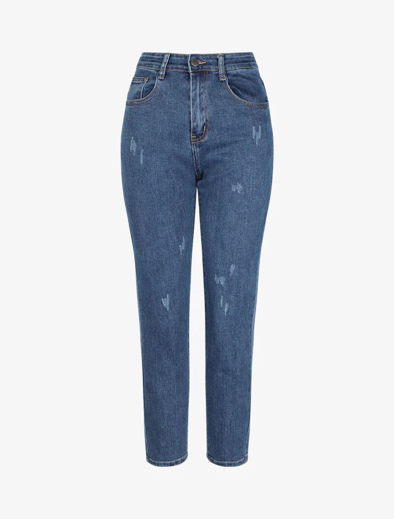 Mom jeans 7/8 met scheuren - Blauw denim