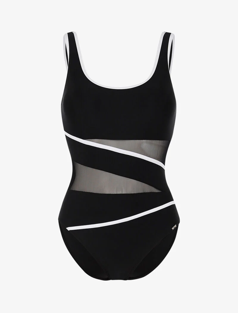 Monokini met netdetails en contrasterende banden - zwart/wit