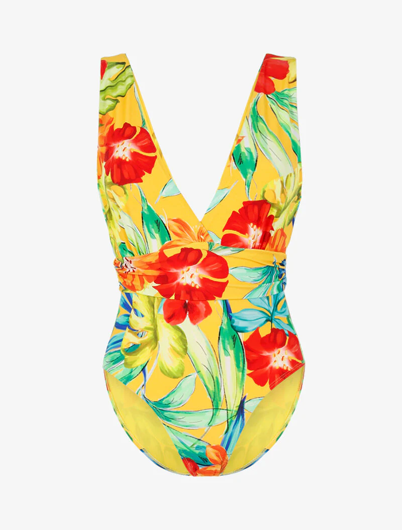 Monokini met brede bandjes en tropische print - geel