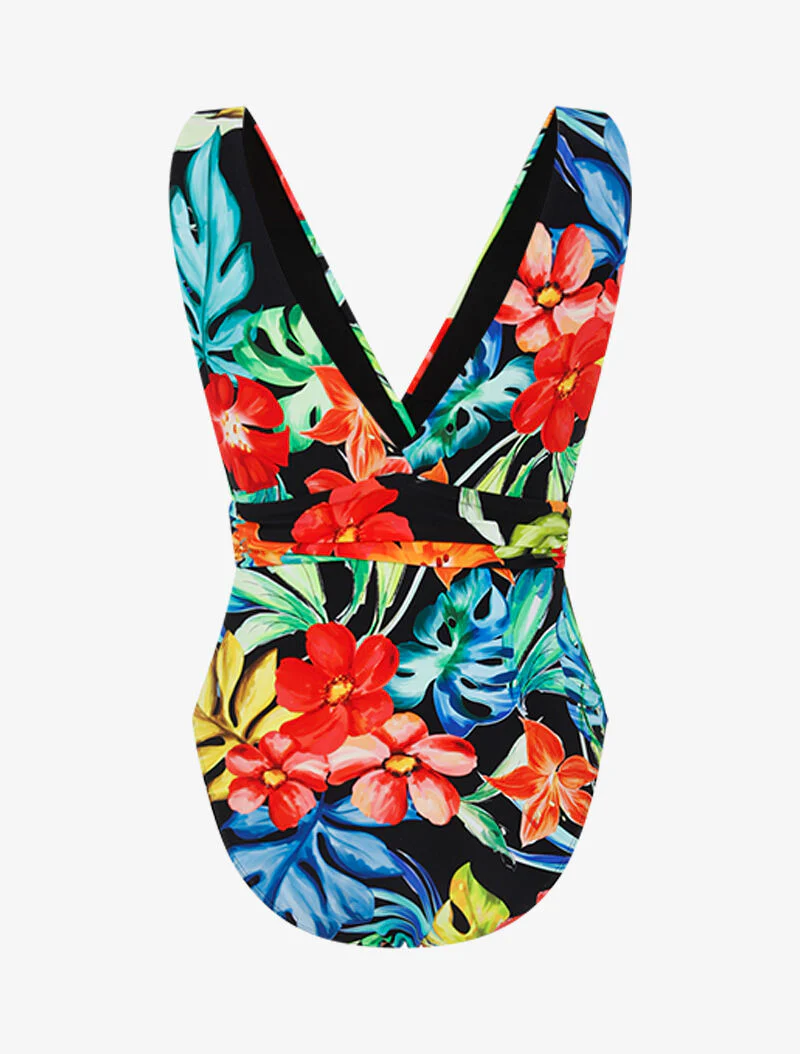 Monokini met brede bandjes en tropische print - zwart - Image 2