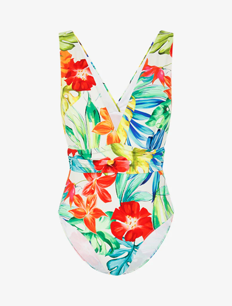 Monokini met brede bandjes en tropische print - ecru - ecru