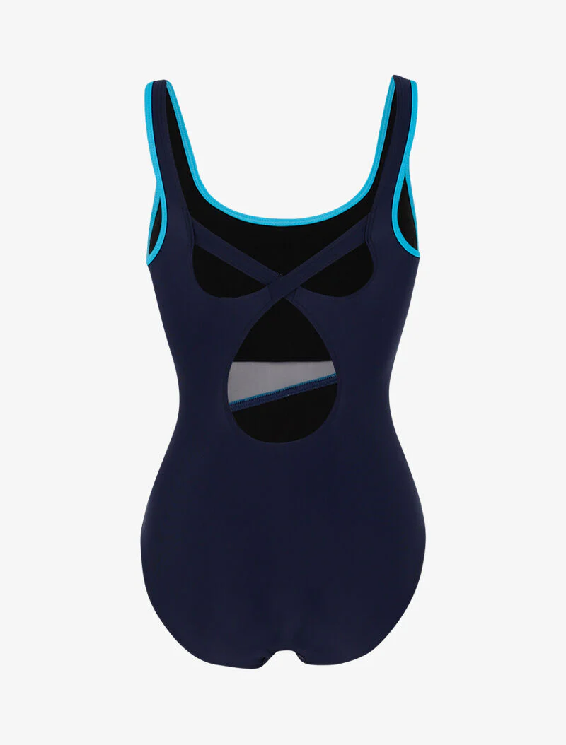 Monokini met netdetails en contrasterende banden - marine/blauw - Image 2