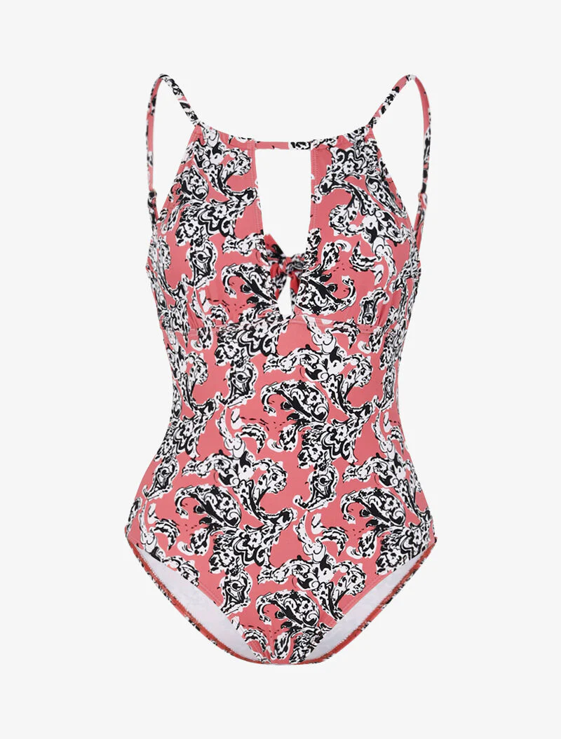 Monokini met gestileerde barokprint - donkerroze