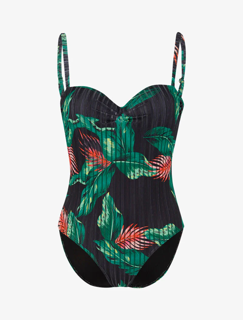 Getextureerde monokini met tropische print - zwart
