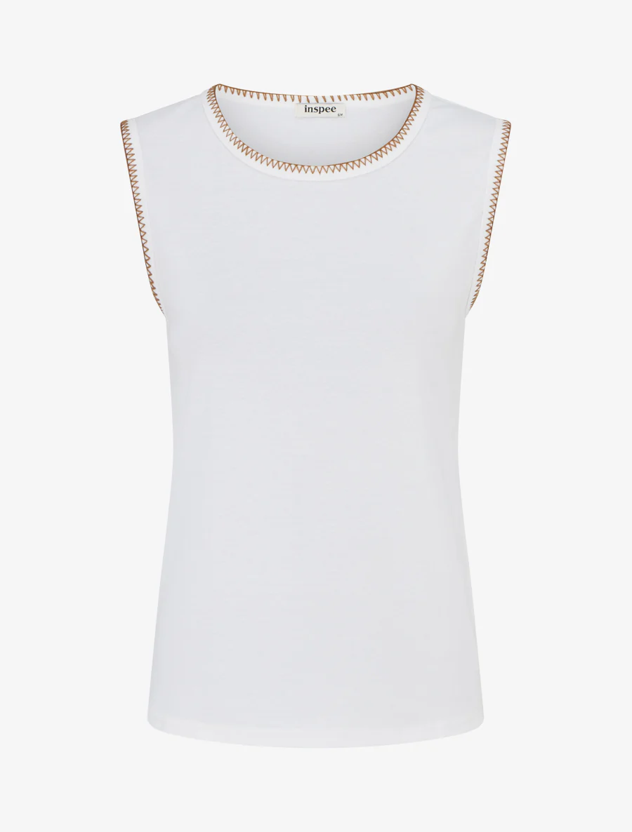 Mouwloos effen T-shirt met borduursels. - Wit