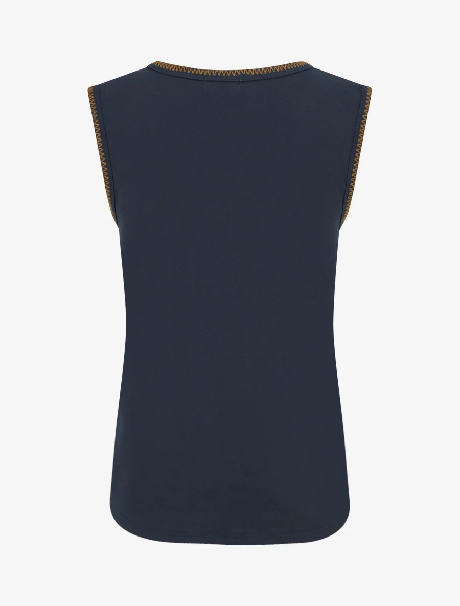 Mouwloos effen T-shirt met borduursels. - Marine - Image 2