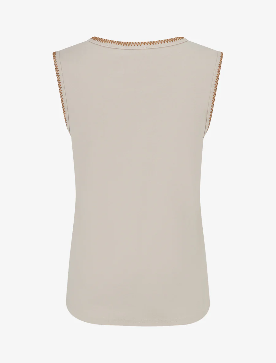 Mouwloos effen T-shirt met borduursels. - Beige - Image 2