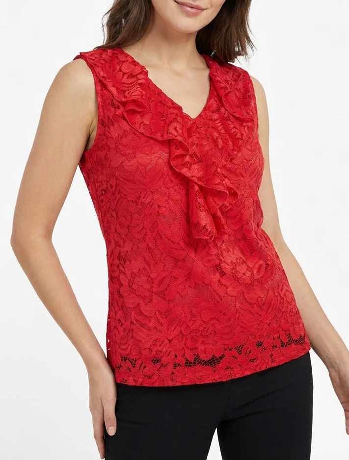 Mouwloos kanten top - Rood - Image 4