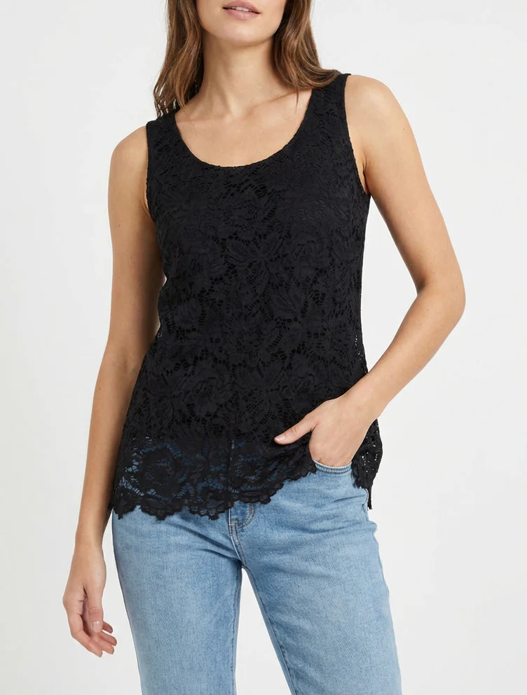 Mouwloos kanten top met U-hals - Zwart - Image 4