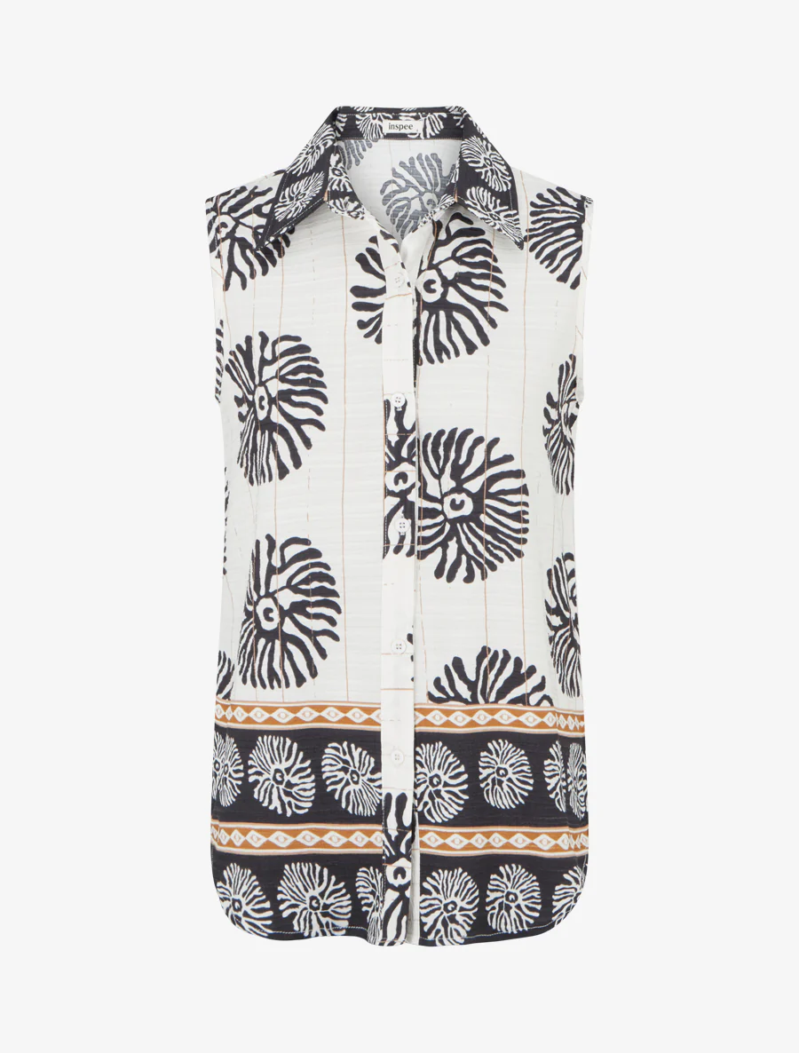 Mouwloos overhemd met anemonenprint - Zwart