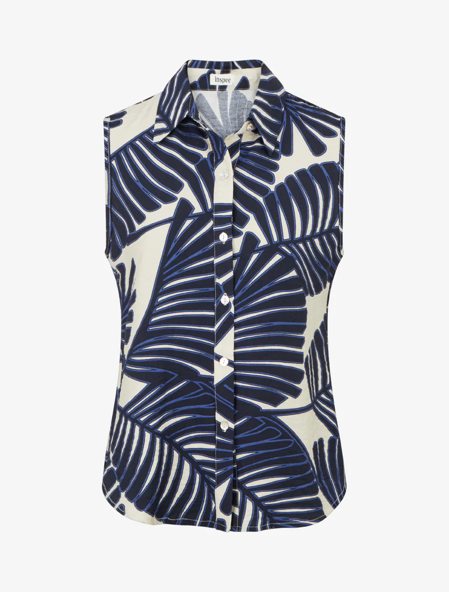 Mouwloos overhemd met palmbladerenprint - Marine