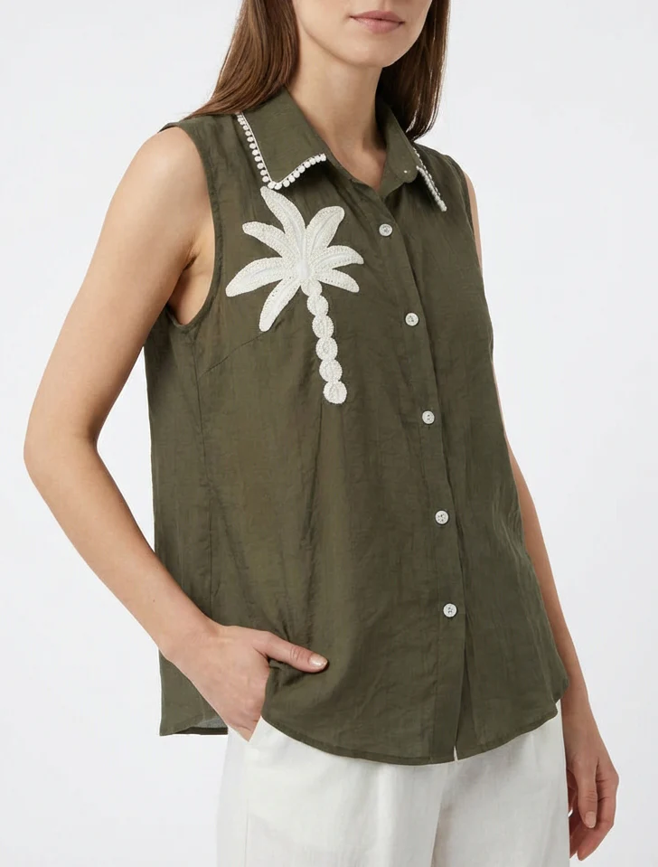 Mouwloos overhemd met palmboom borduursel - Kaki - Image 4