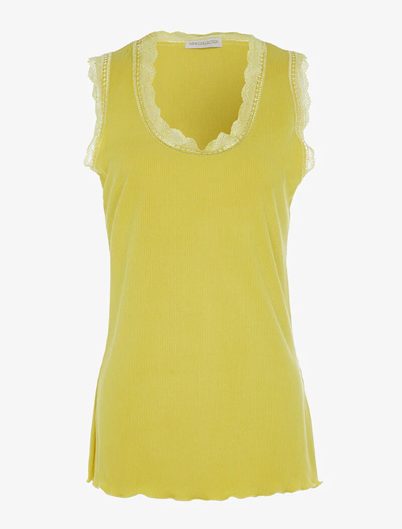 Ronde hals tanktop met kanten rand - geel