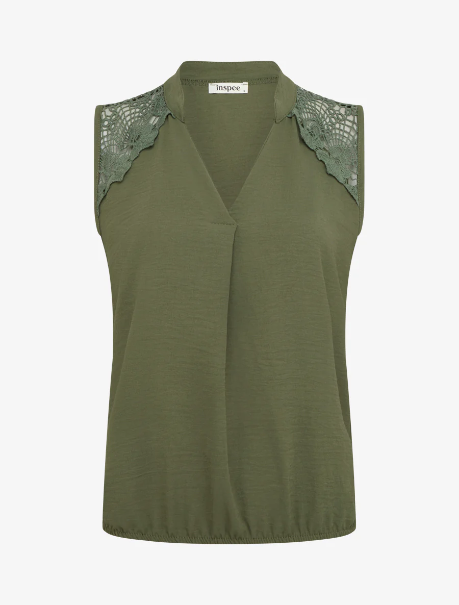 Mouwloos top met geborduurd detail - Kaki