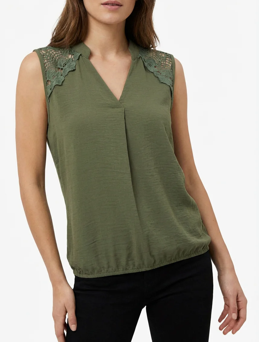 Mouwloos top met geborduurd detail - Kaki - Image 4