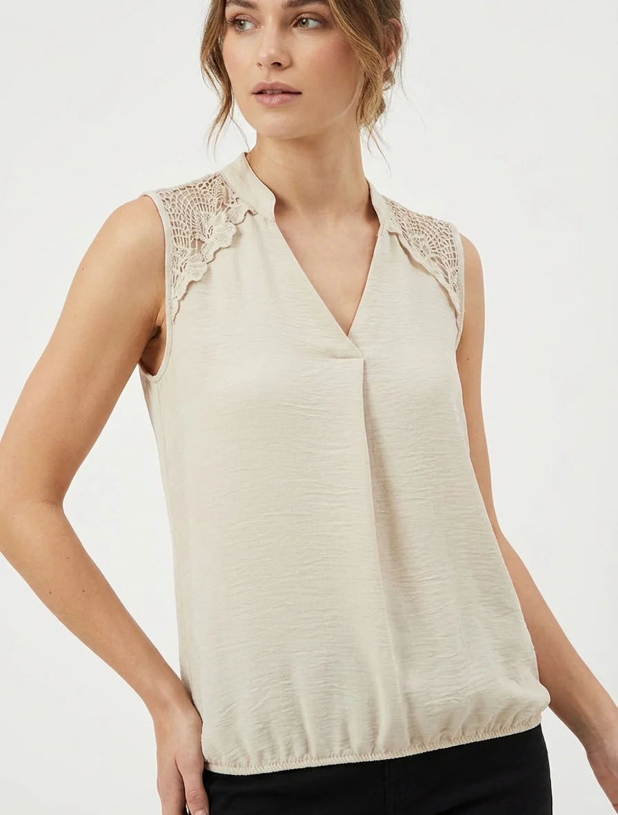 Mouwloos top met geborduurd detail - Beige - Image 4