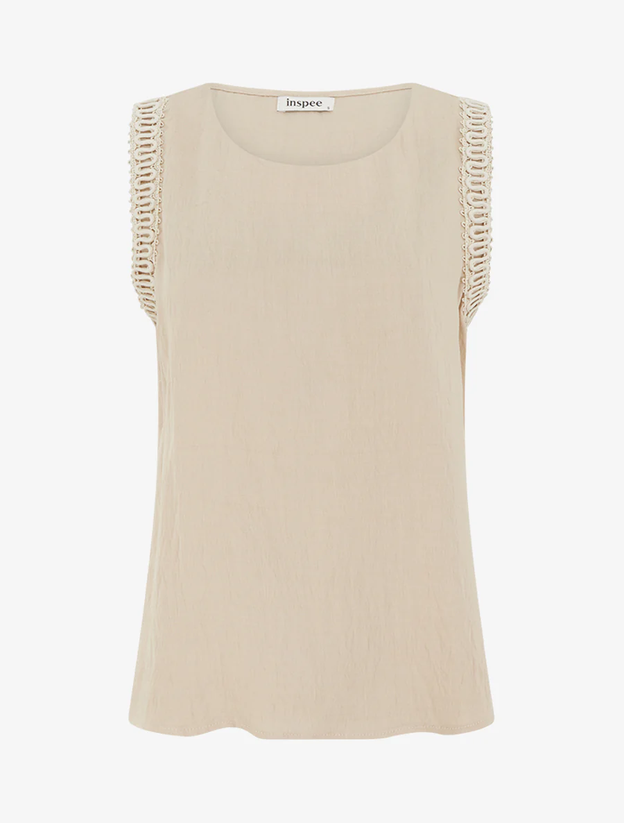 Mouwloos top met rechte snit en borduursels - Beige