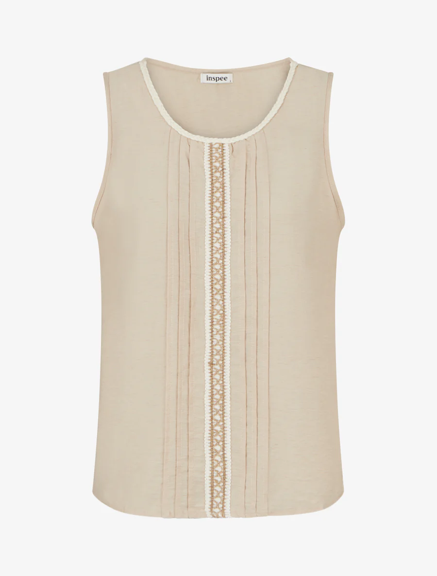Mouwloos top met ronde hals en borduurwerk - Beige