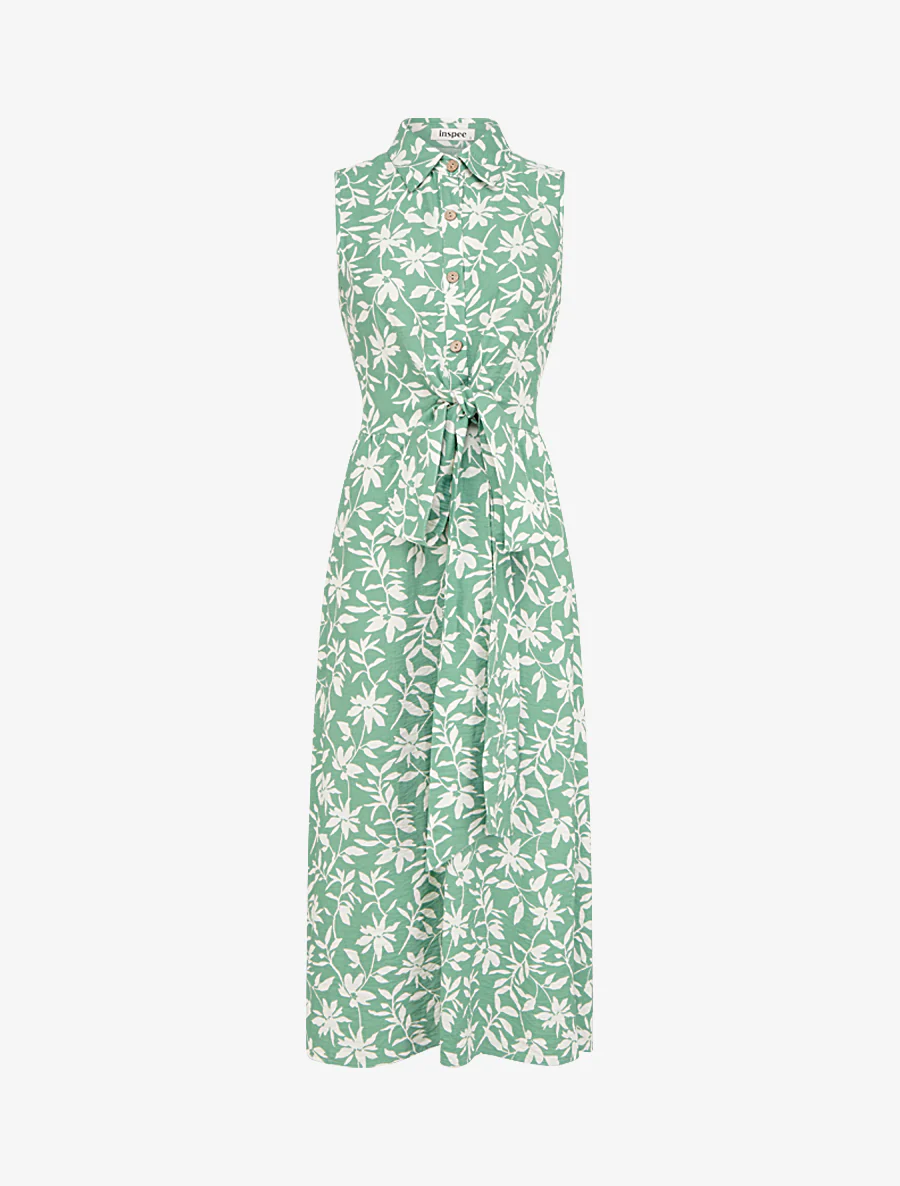 Mouwloze bloemenjurk met strik - Groen
