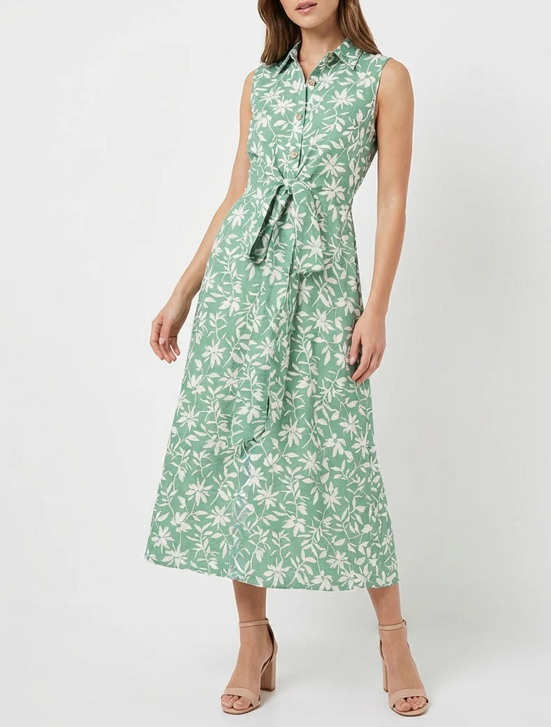 Mouwloze bloemenjurk met strik - Groen - Image 4