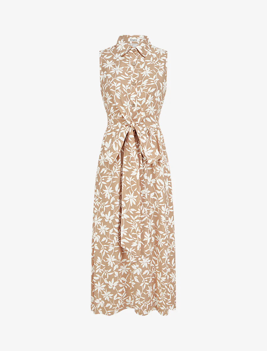 Mouwloze bloemenjurk met strik - Beige