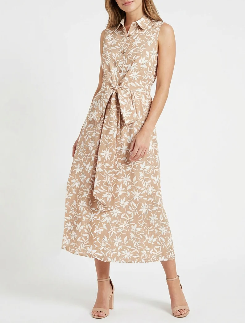 Mouwloze bloemenjurk met strik - Beige - Image 4