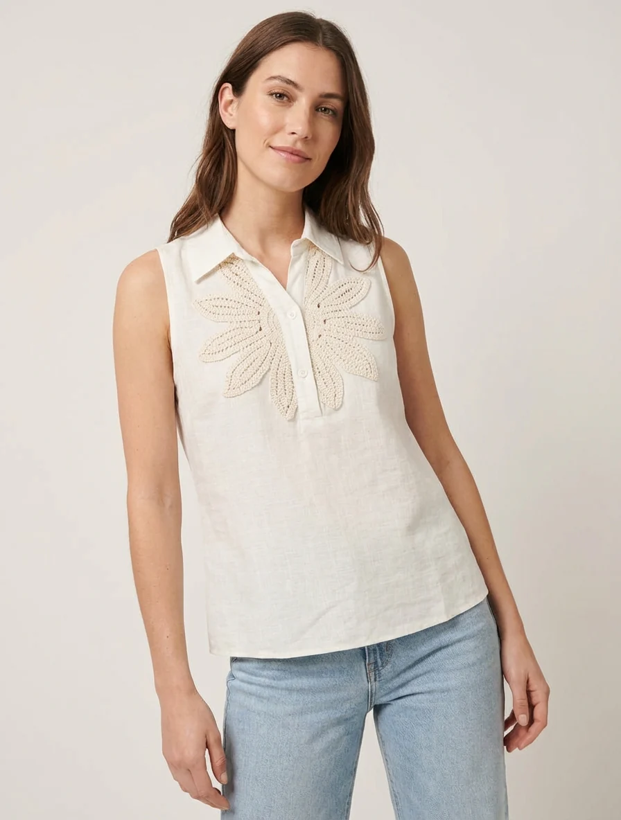 Mouwloze blouse met bloemenborduursel - Ecru - Image 4