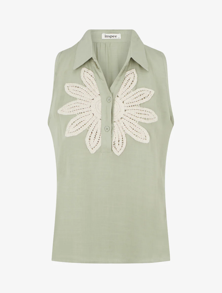 Mouwloze blouse met bloemenborduursel - Amandelgroen