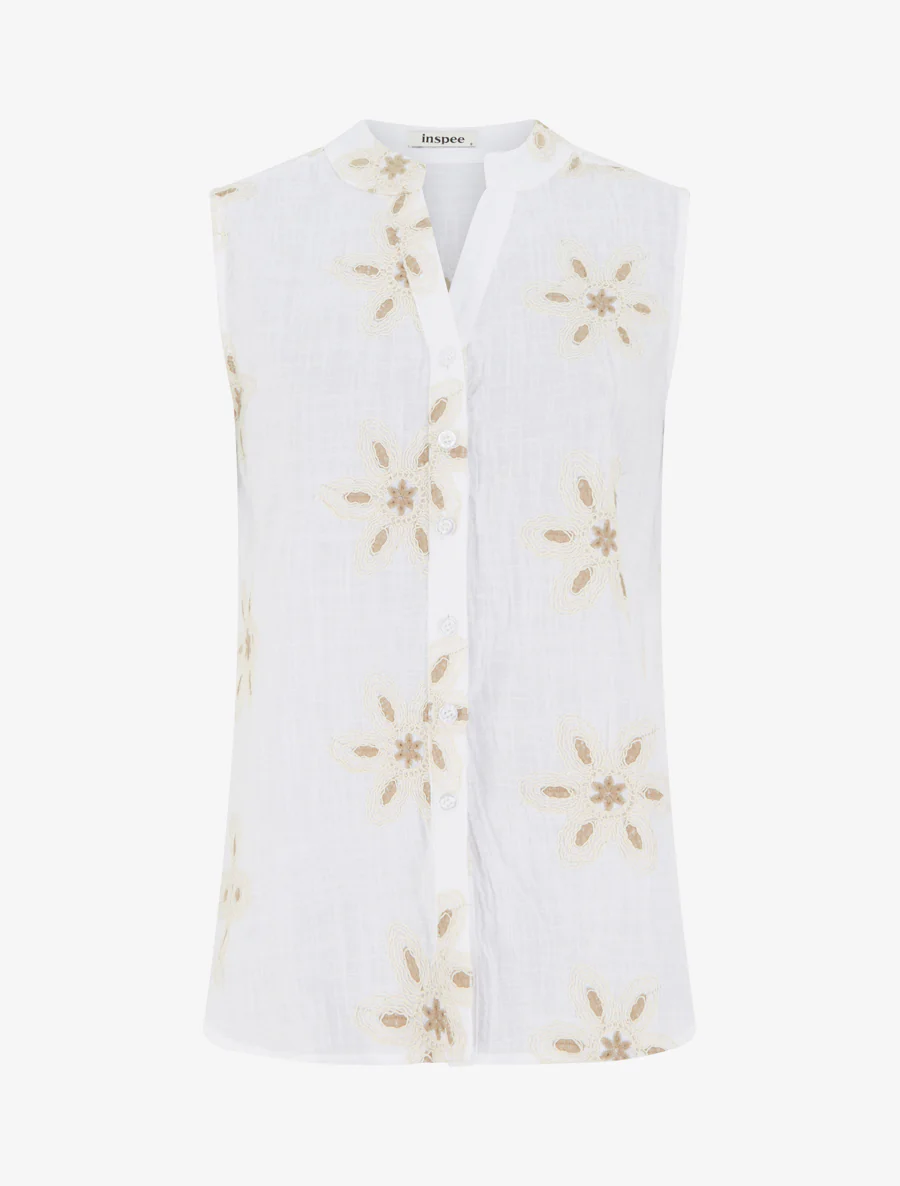 Mouwloze blouse met bloemenborduursels - Wit