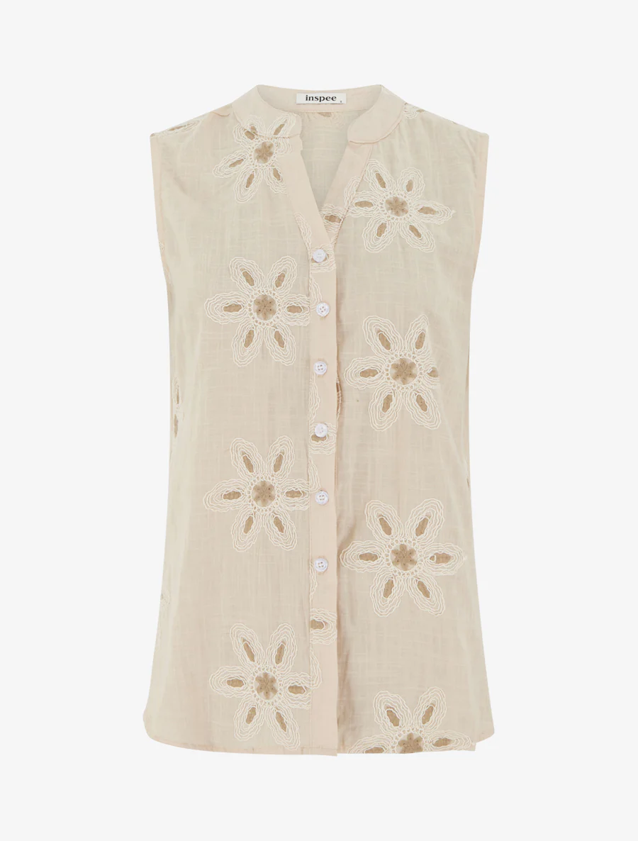 Mouwloze blouse met bloemenborduursels - Beige