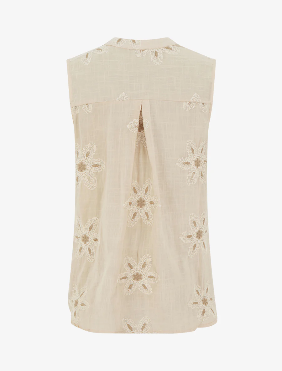 Mouwloze blouse met bloemenborduursels - Beige - Image 2
