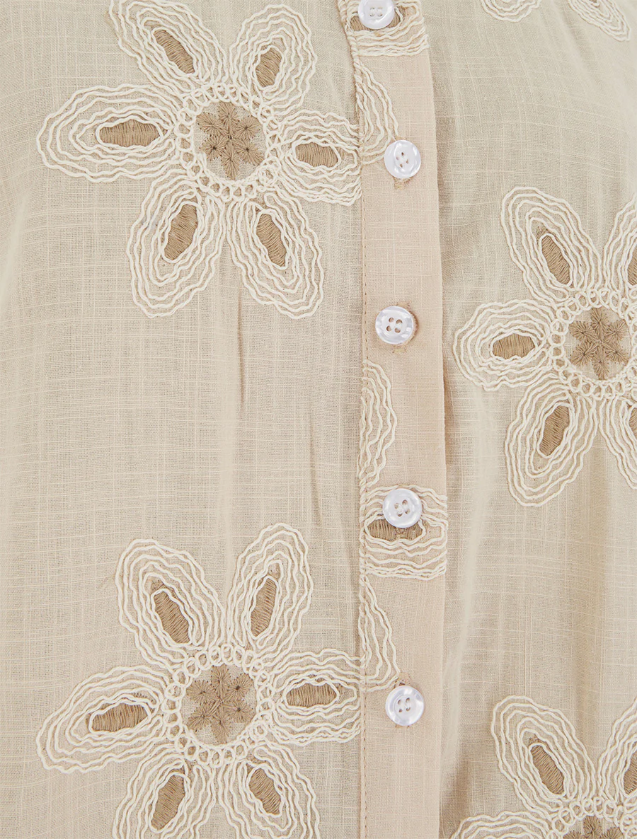 Mouwloze blouse met bloemenborduursels - Beige - Image 3