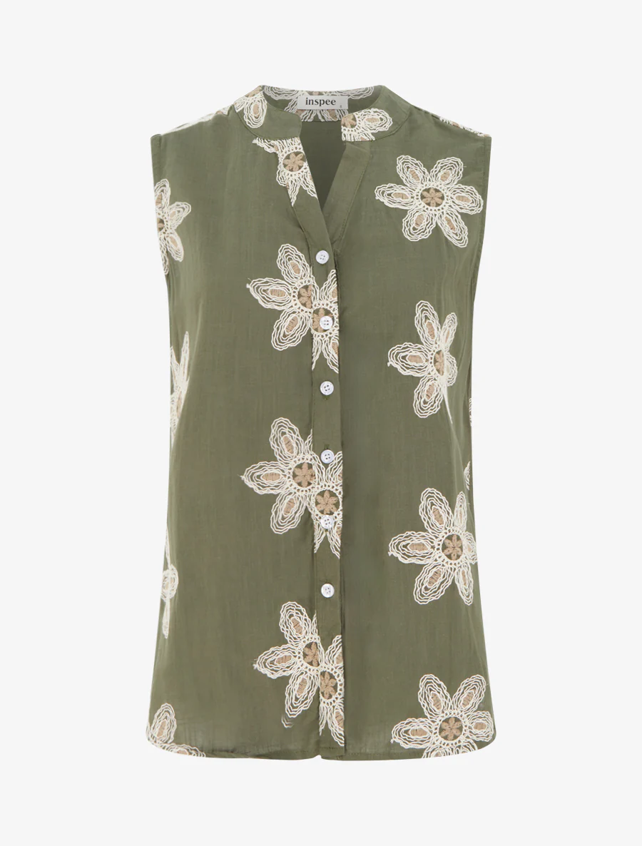 Mouwloze blouse met bloemenborduursels - Kaki