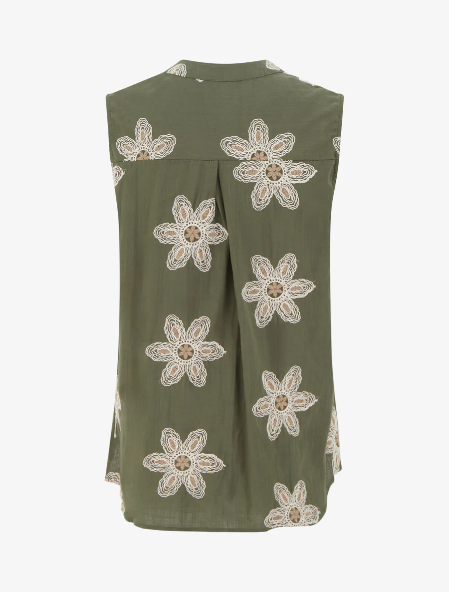 Mouwloze blouse met bloemenborduursels - Kaki - Image 2