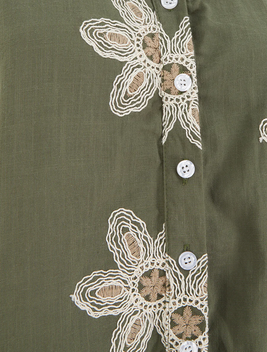 Mouwloze blouse met bloemenborduursels - Kaki - Image 3