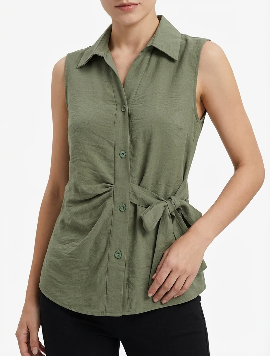 Mouwloze blouse met drapeereffect - Kaki - Image 4